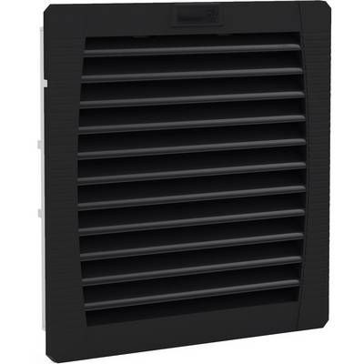 Egy fekete, téglalap alakú szellőzőrács vízszintes lamellákkal, amelyet műszaki berendezések szellőztetésére vagy hűtésére használnak.
