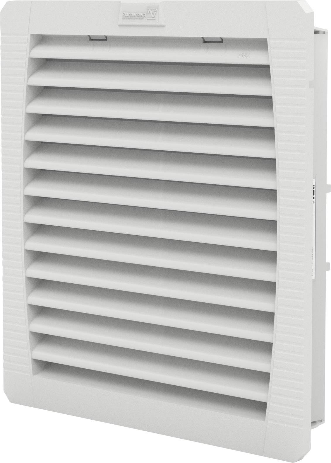 Szürke műanyag szellőzőrács vízszintes lamellákkal, készülékek vagy helyiségek szellőztetésére.