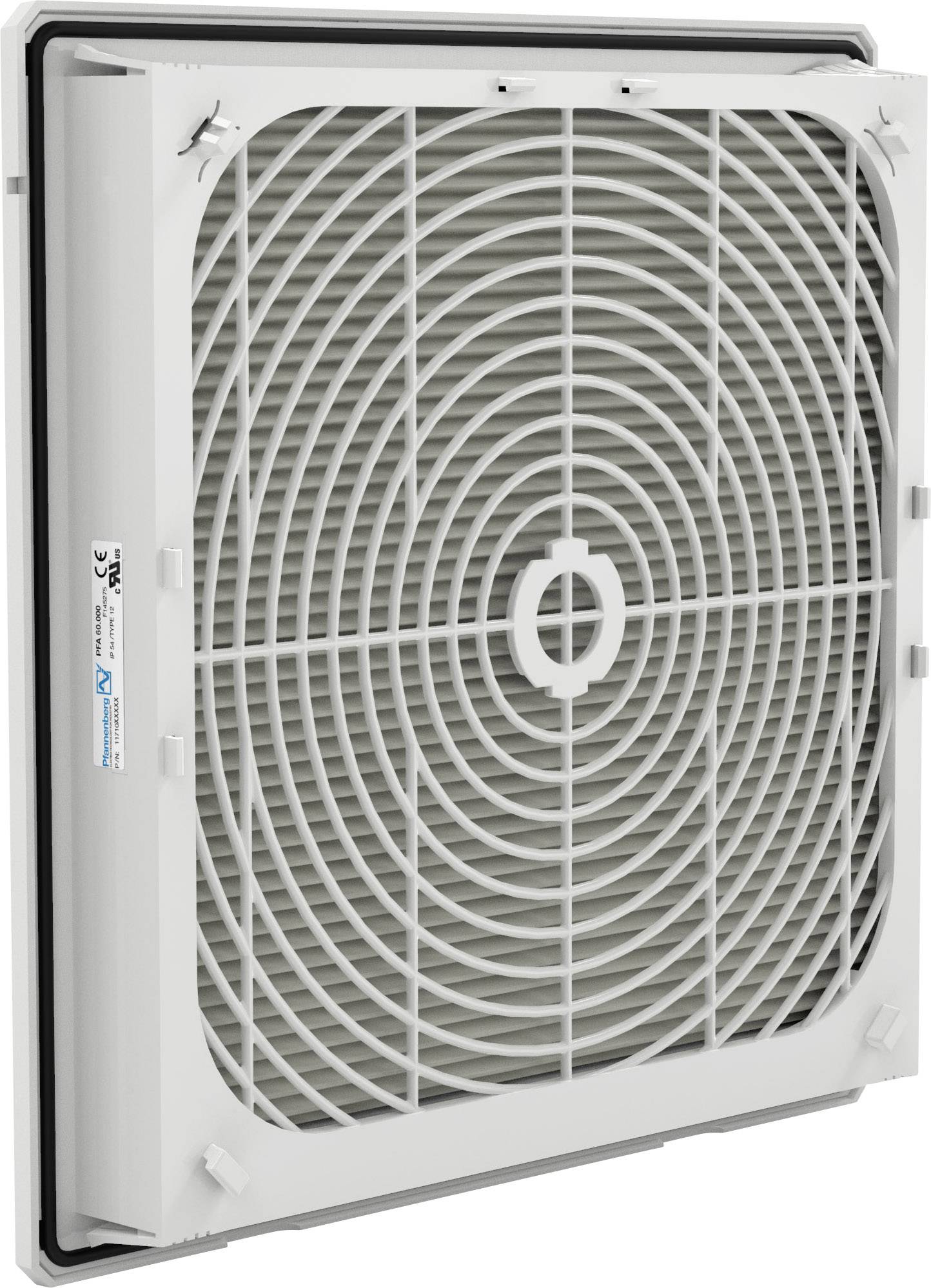 Fehér műanyag szellőzőrács spirál alakú rácsszerkezettel és téglalap alakú kerettel, egy falra szerelve.