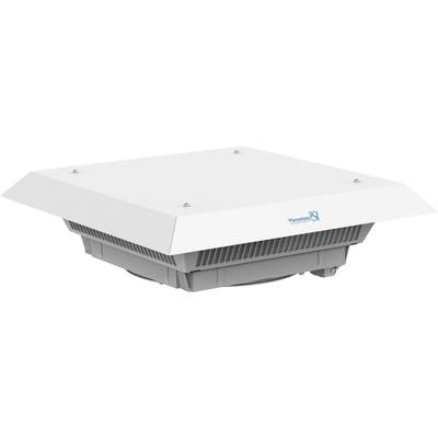 Egy fehér ventilátor négyzet alakú házzal és márkajelzéssel az oldalán. Épületek tetőre történő telepítésére alkalmas.