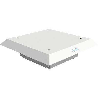 Lapos, négyzet alakú ventilátor fehér házburkolattal és oldalsó logóval, világos felületen bemutatva.