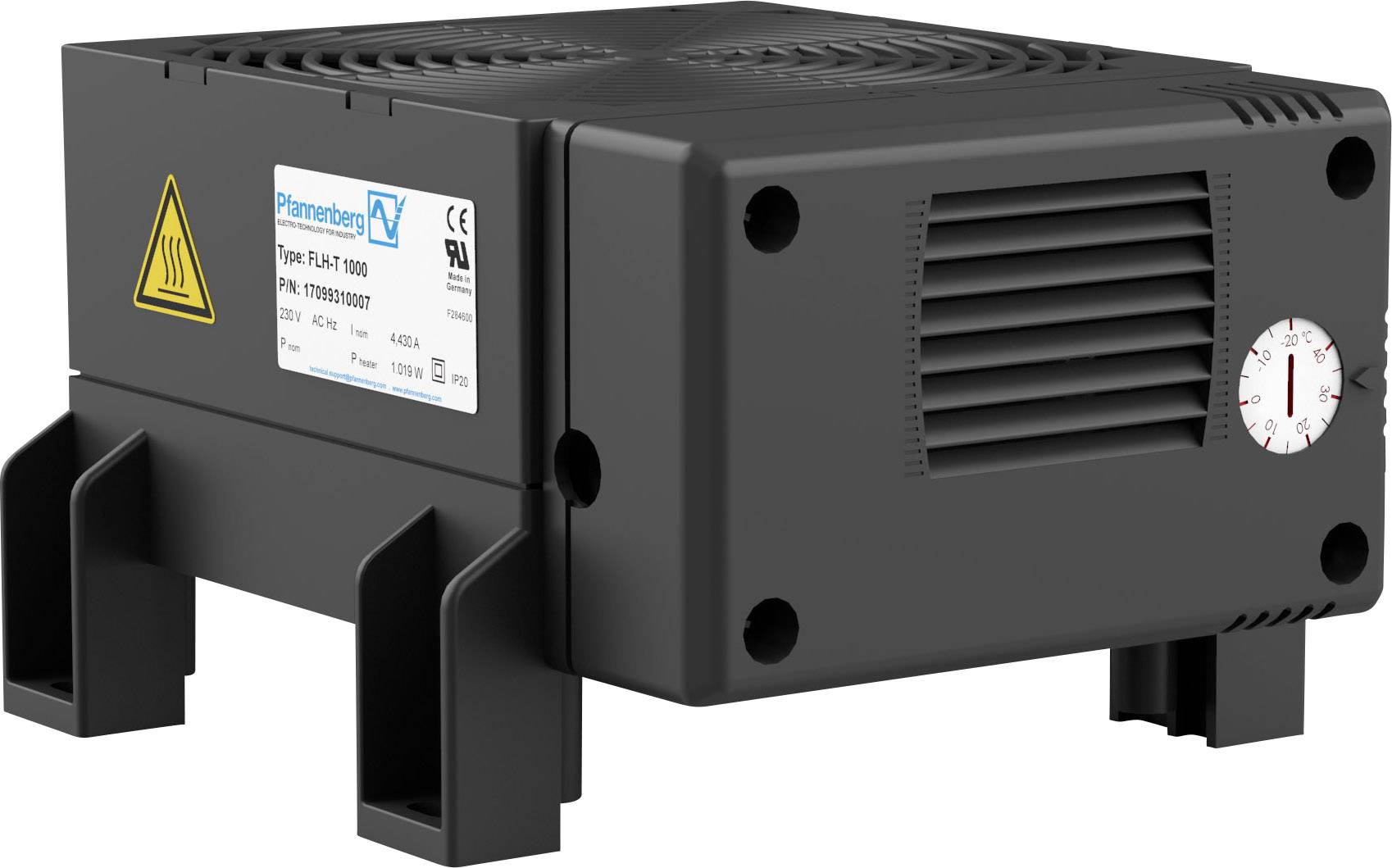 Fekete elektromos ventilátor fűtőegység Pfannenberg típusjelzéssel, CE- és UL-jelölésekkel. Szellőzőrács és hőmérséklet-szabályozó látható.