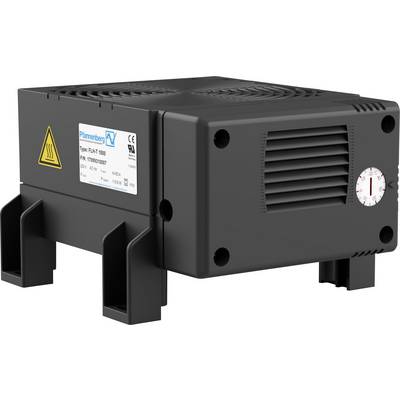 Fekete elektromos ventilátor fűtőegység Pfannenberg típusjelzéssel, CE- és UL-jelölésekkel. Szellőzőrács és hőmérséklet-szabályozó látható.
