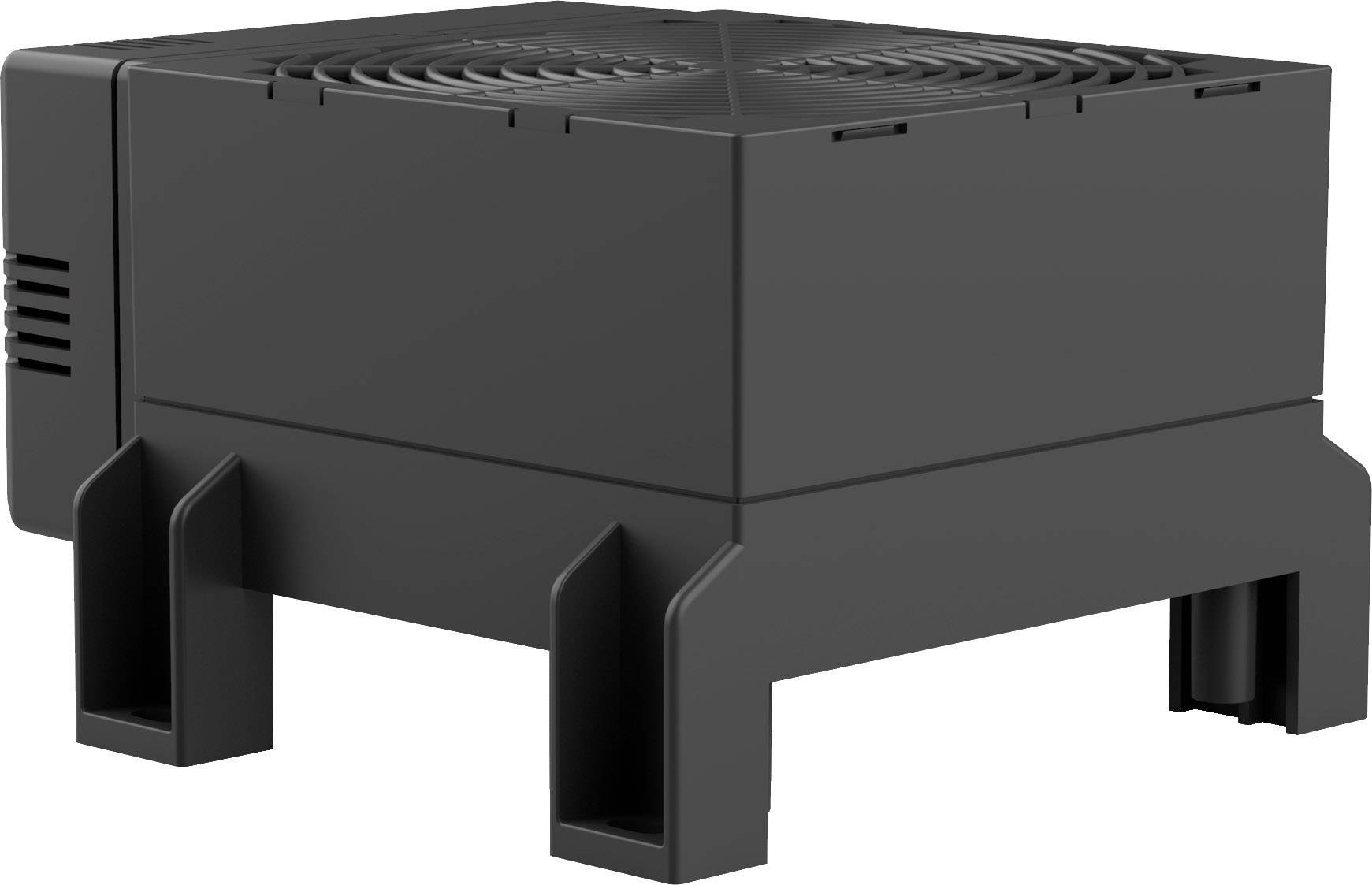 Egy fekete, négyzet alakú ventilátor emelt állványon, szabadtéri használatra alkalmas.