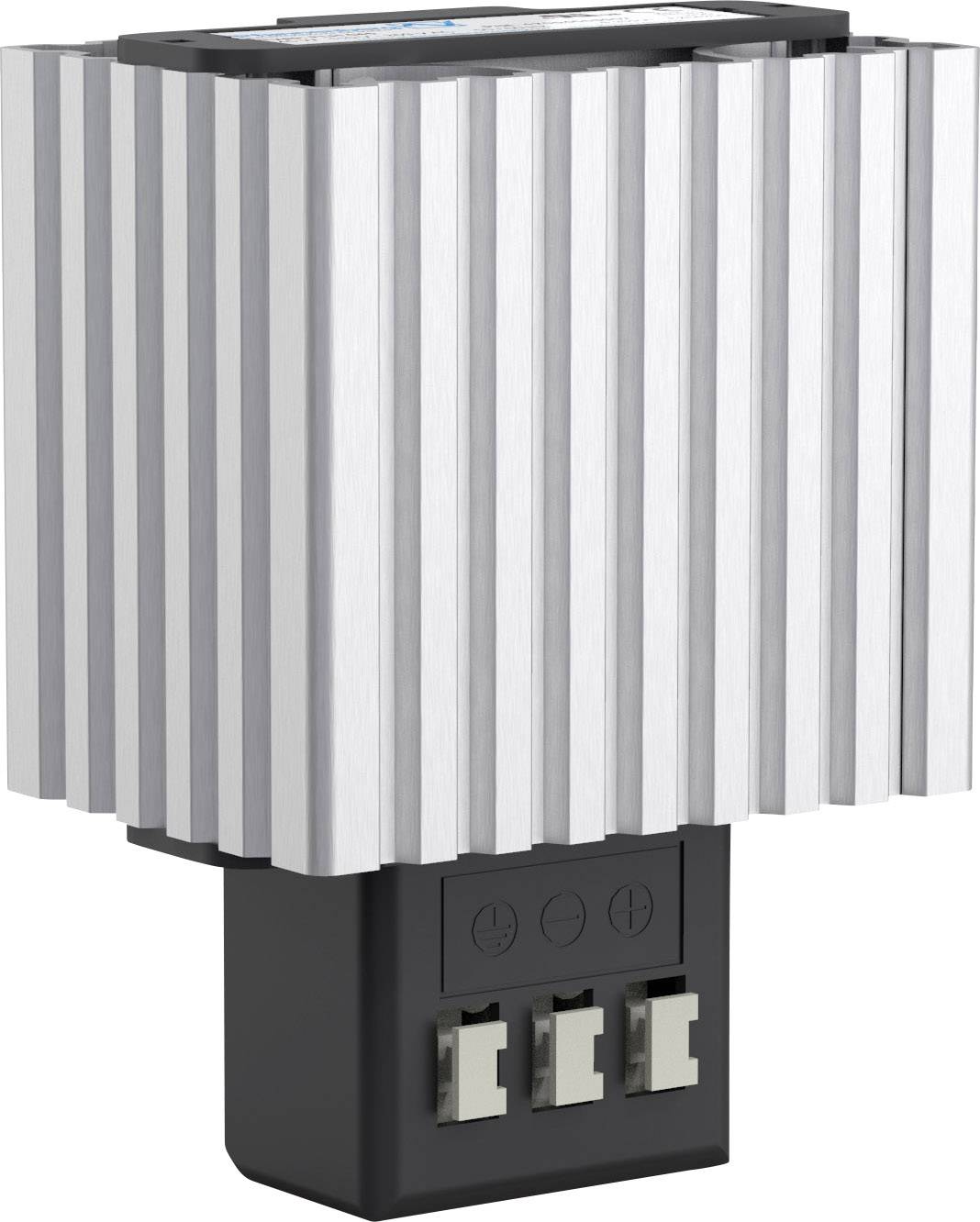 Egy elektromos fűtőventilátor bordázott alumínium házzal és három csatlakozóval az alsó részén. Alkalmas kapcsolószekrény fűtésére.