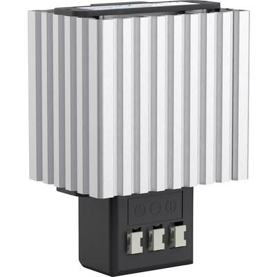 Egy elektromos fűtőventilátor bordázott alumínium házzal és három csatlakozóval az alsó részén. Alkalmas kapcsolószekrény fűtésére.