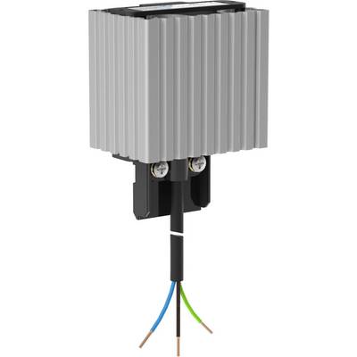 Elektromos fűtőkészülék bordázott, téglalap alakú házzal, alul látható két csavarral és három kiálló színes kábellel.