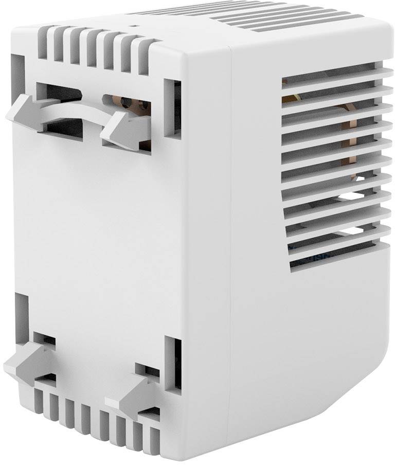 Egy fehér, téglalap alakú elektromos alkatrész szellőzőnyílásokkal és rögzítőelemekkel. Ipari felhasználásra alkalmas.