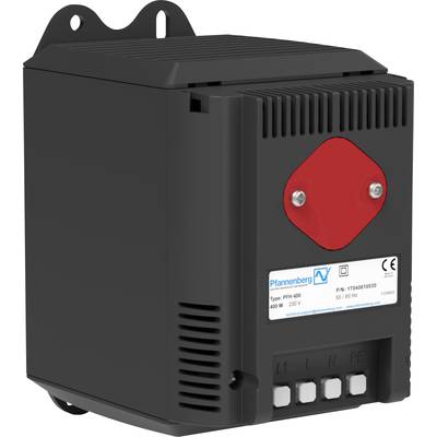 Egy fekete házban lévő ipari fűtőelem piros részlettel, alkalmas 400 W, 230 V teljesítményre, gyártói címkét mutat a specifikációkkal.