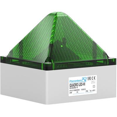 Egy zöld Quadro LED-HI jelzőlámpa Pfannenberg márkától, piramis alakú fényforrással fehér házban.