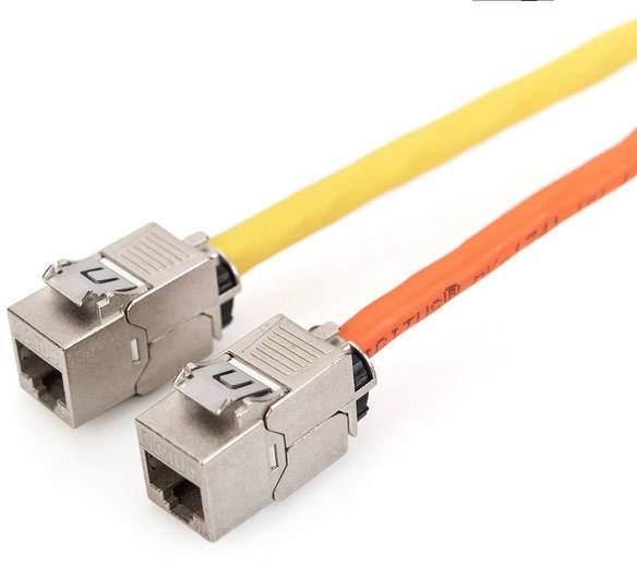 Két narancs és sárga védőburkolatú Ethernet-kábel, amelyek fém csatlakozóházban végződnek.