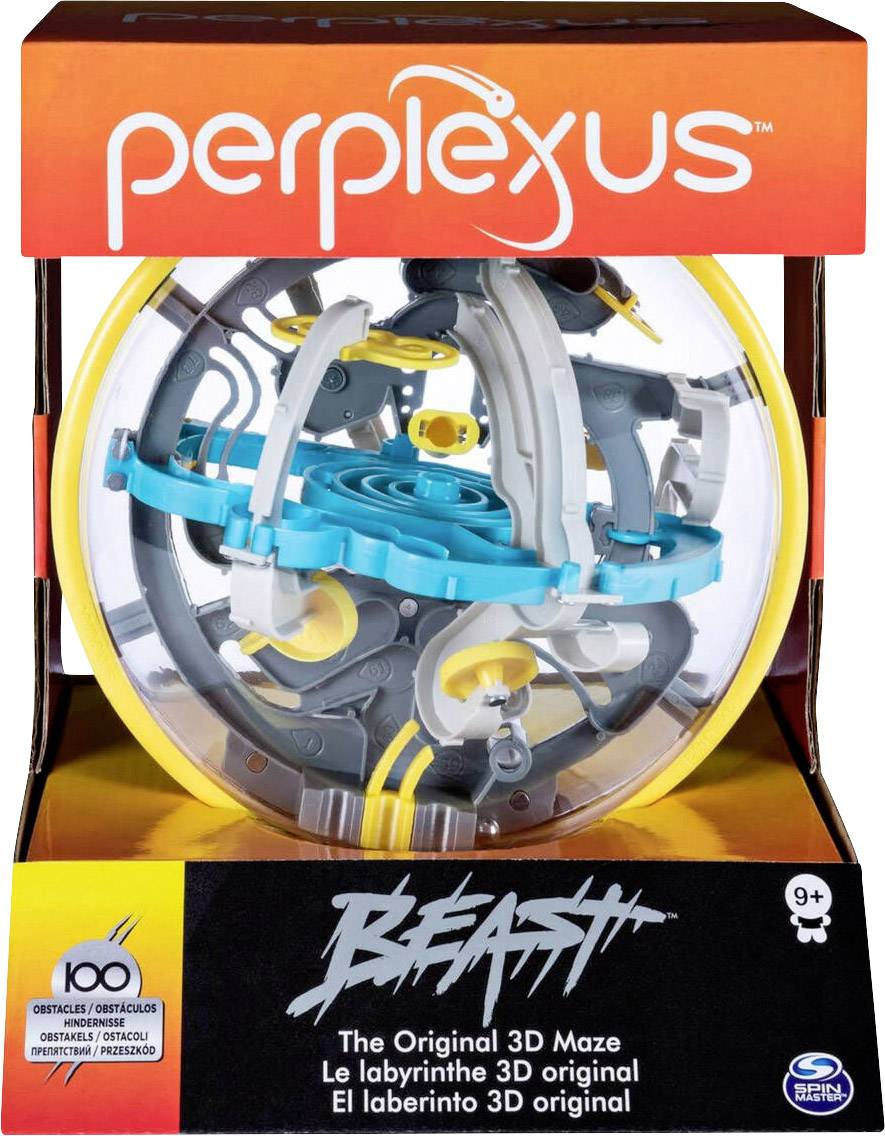 Egy játékcsomag egy 'Perplexus Beast' nevű 3D-labirintust mutat, amelynek színes akadályai egy átlátszó gömbben vannak elhelyezve. 9 éves kortól ajánlott.