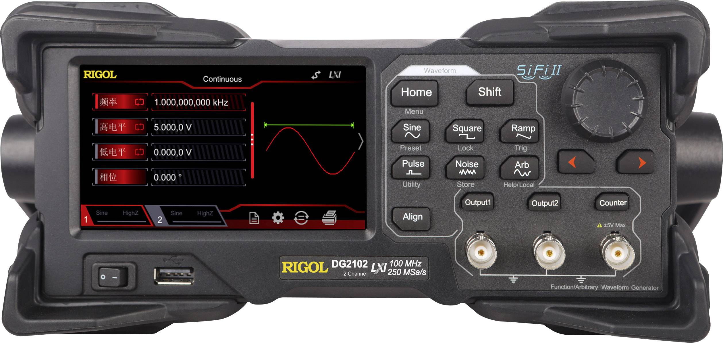 Rigol DG2072 Hálózatról működő függvénygenerátor Kalibráció (DAkkS) 0.000001 Hz - 70 MHz Színusz, Négyszög, Zaj, Pulzus, Háromszög, Tetszőleges