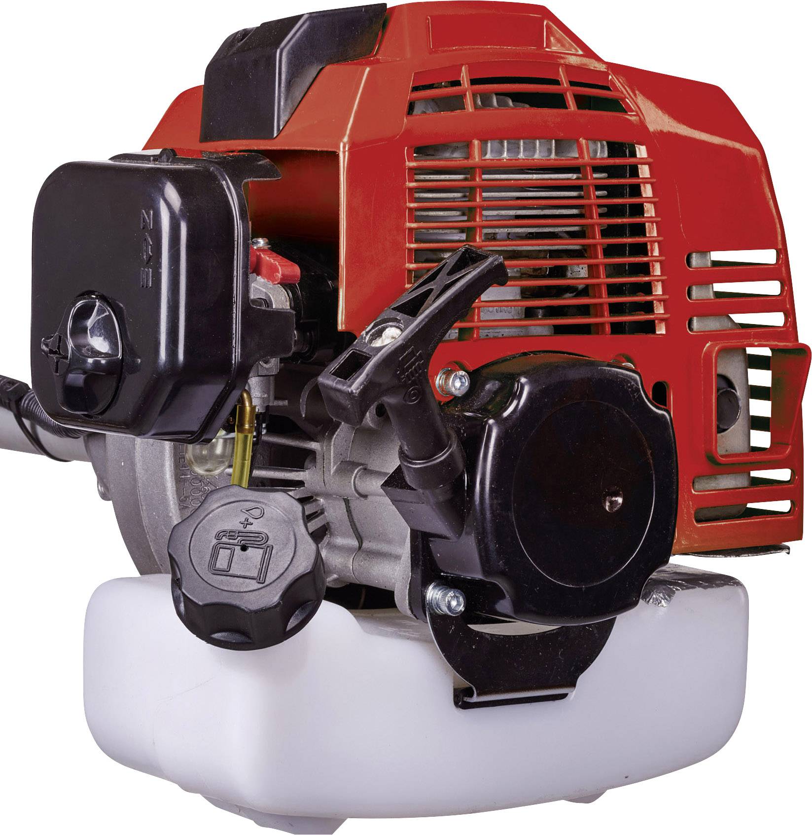 Piros benzinmotor fekete burkolattal. Látható alkatrészek, mint az olajbetöltő sapka és a levegőszűrő. Alkalmazási területek: kerti eszközök.