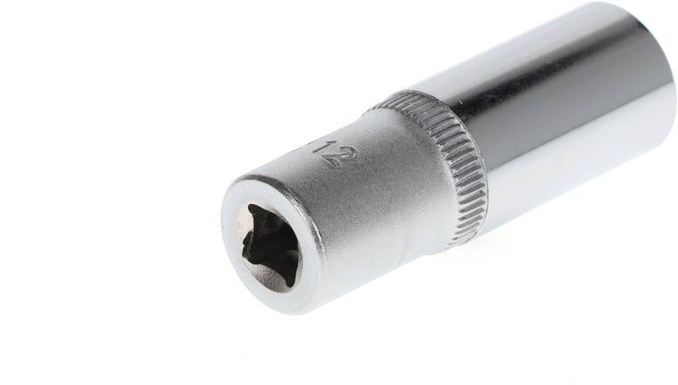 Fémkulcs 12 mm-es, hengeres formájú, bordázott markolatú, hatszögű csavarokhoz alkalmas, ezüst felületű dugókulcs.