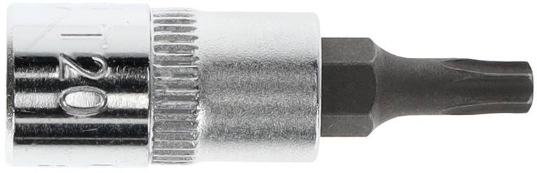 Egy ezüstszínű csatlakozó adapter, fekete hatszögfejű csavarokhoz, amely alkalmas Torx-csavarok rögzítéséhez.
