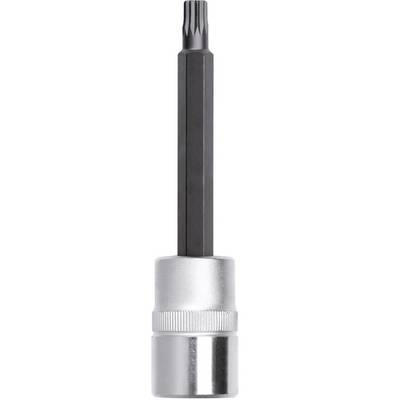 Torx-bit adapter ezüstös szárral és fekete bittel; szerszám, amely egy racsnis kulccsal való csatlakozásra szolgál csavarási munkálatokhoz.