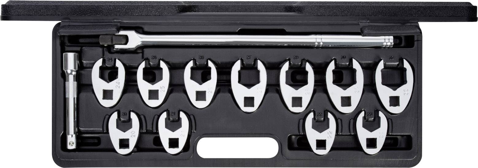 Készlet állítható nyomatékkulccsal és tizenkét cserélhető villáskulccsal fekete műanyag hordtáskában.