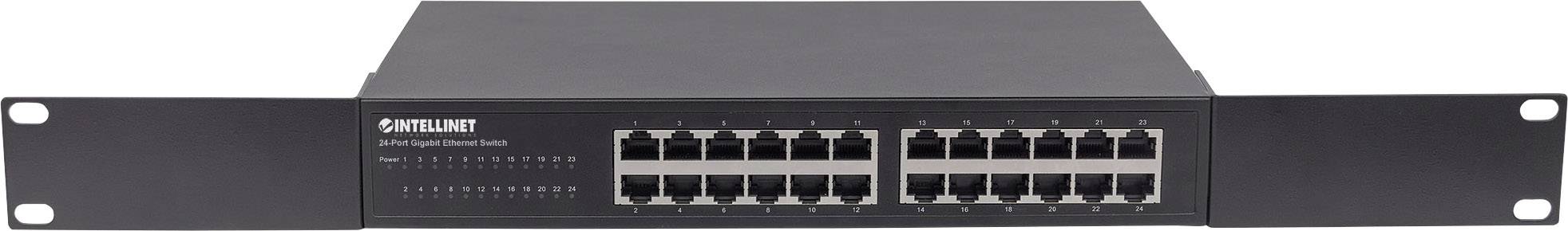 Egy fekete házas, rack-be szerelhető 24 portos Ethernet-switch. Elölnézet mutatja a portokat és az állapotjelző LED-eket.