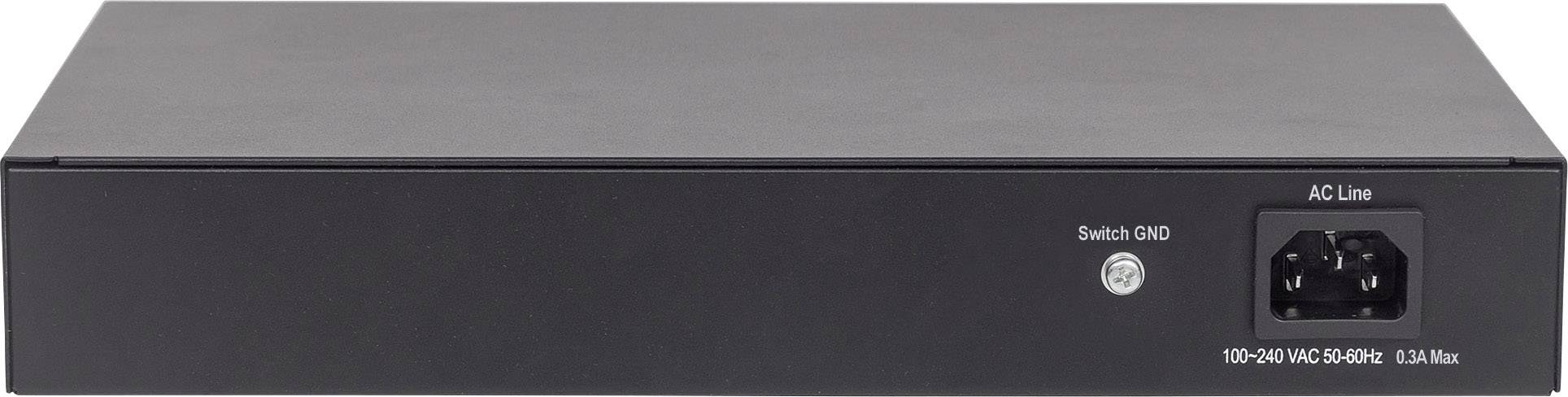 Egy fekete elektronikus eszköz hátulnézeti képe hálózati csatlakozóval és kapcsolóval, alkalmas 100-240 V váltóáramú működésre.