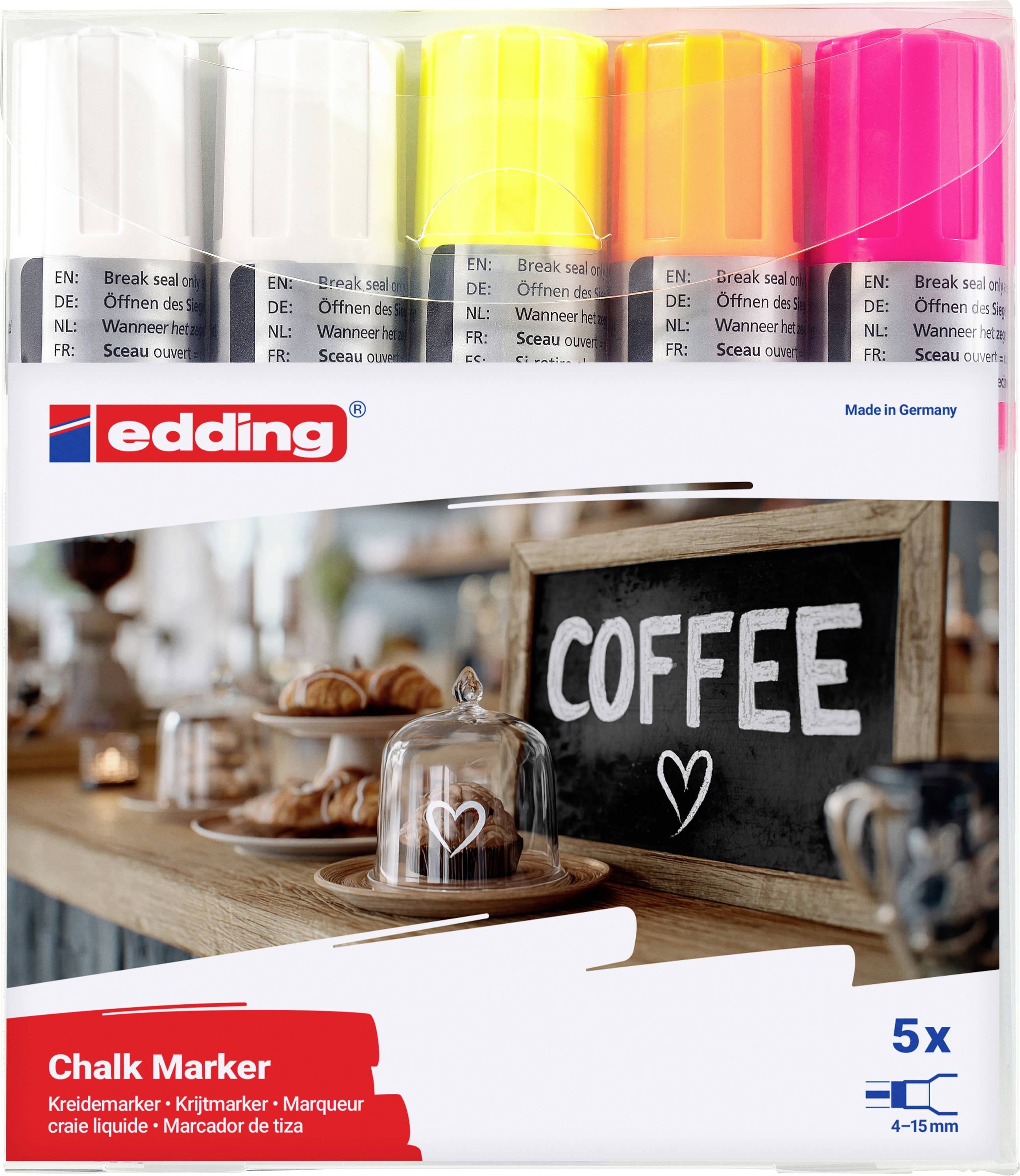 Edding 4090 4-4090-5999 Marqueur craie blanc, blanc, jaune fluorescent, orange fluorescent, rose fluorescent 4 mm, 15 mm