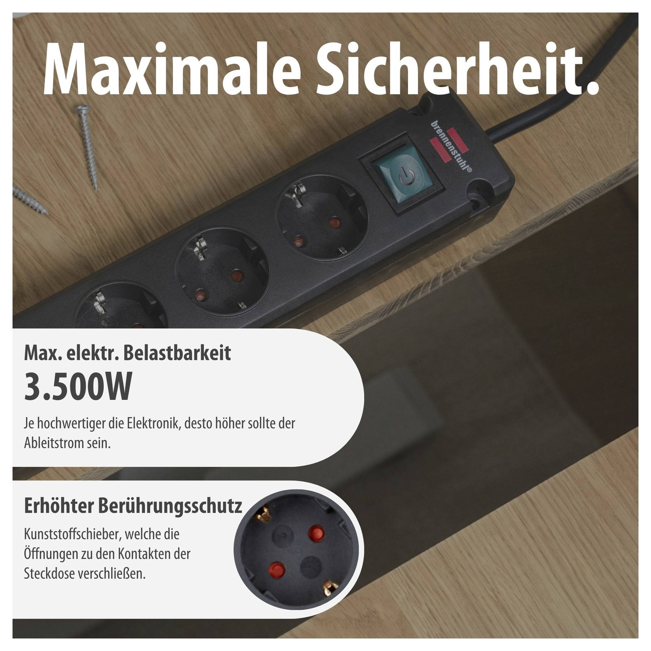 Egy elosztósáv reklámképe a következő szövegekkel: "Maximális biztonság", "3.500W" és megjegyzés a megnövekedett érintésvédelemről műanyag csúszkák segítségével.