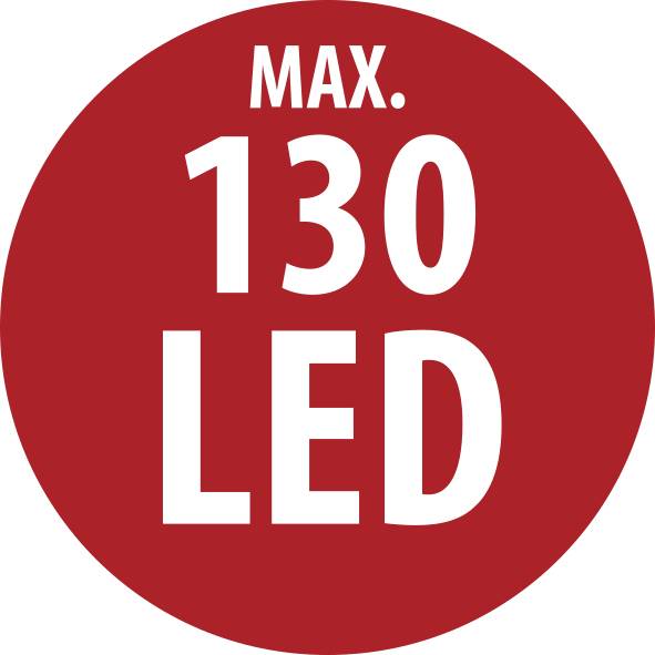 Piros kerek tábla fehér szöveggel, amely így olvas: „MAX. 130 LED"