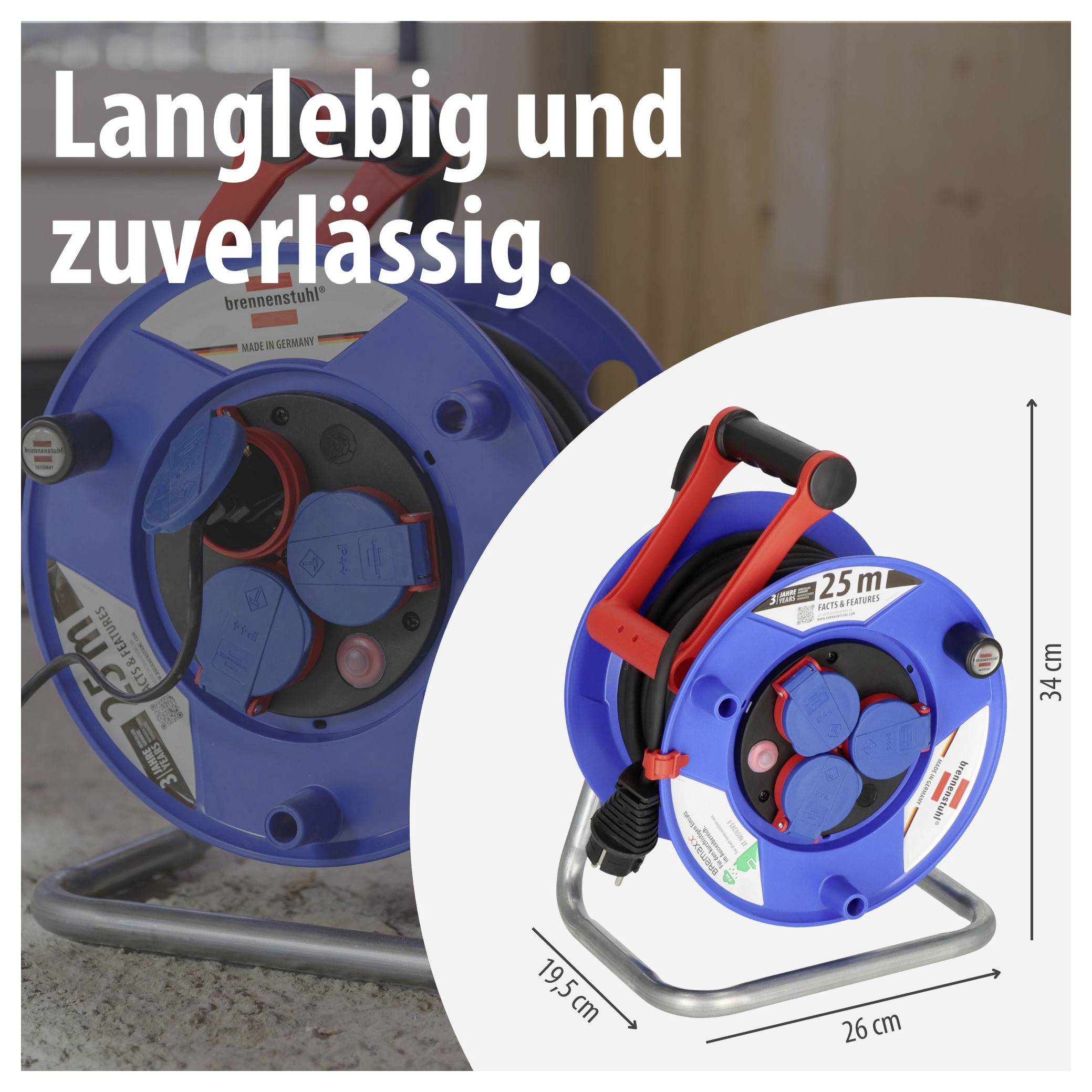 Egy kék kábeldobhoz tartozó reklámkép, piros hordozófüllel; szöveg: „Tartós és megbízható." valamint méretei 26 cm, 19,5 cm és 34 cm.