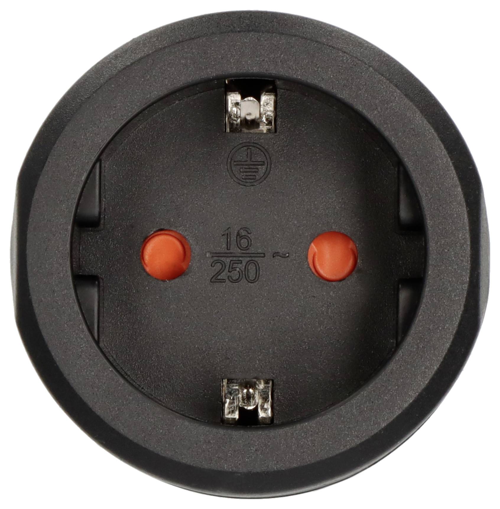 Fekete dugalj, kétpólusú, földelési érintkezővel. Jelölések: '16' és '250'. Alkalmas európai kétpólusú villásdugók számára.