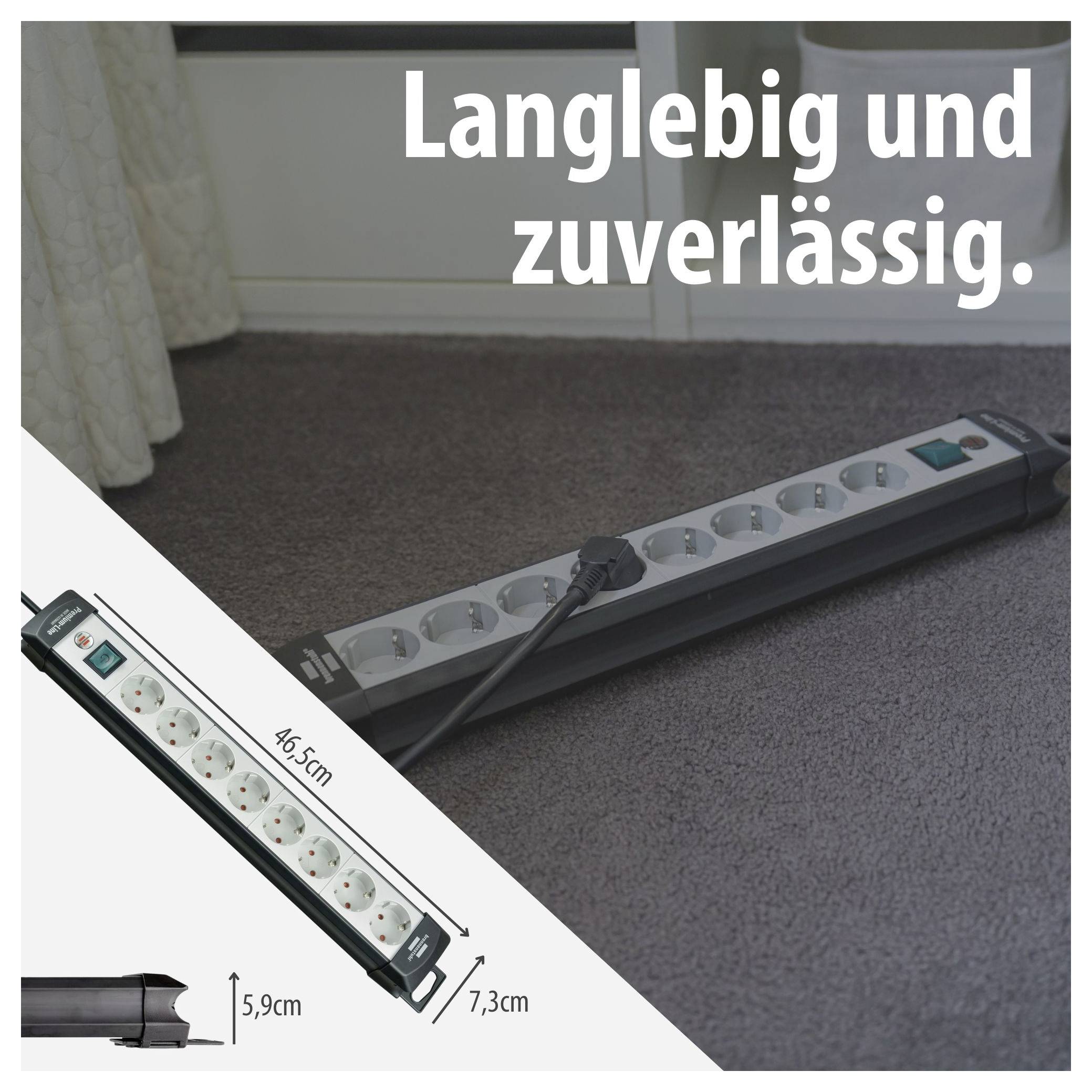 Szalagcsatlakozó szőnyegen a szöveggel: "Tartós és megbízható."; alul termékfotó méretekkel: 46,5 cm, 5,9 cm és 7,3 cm.