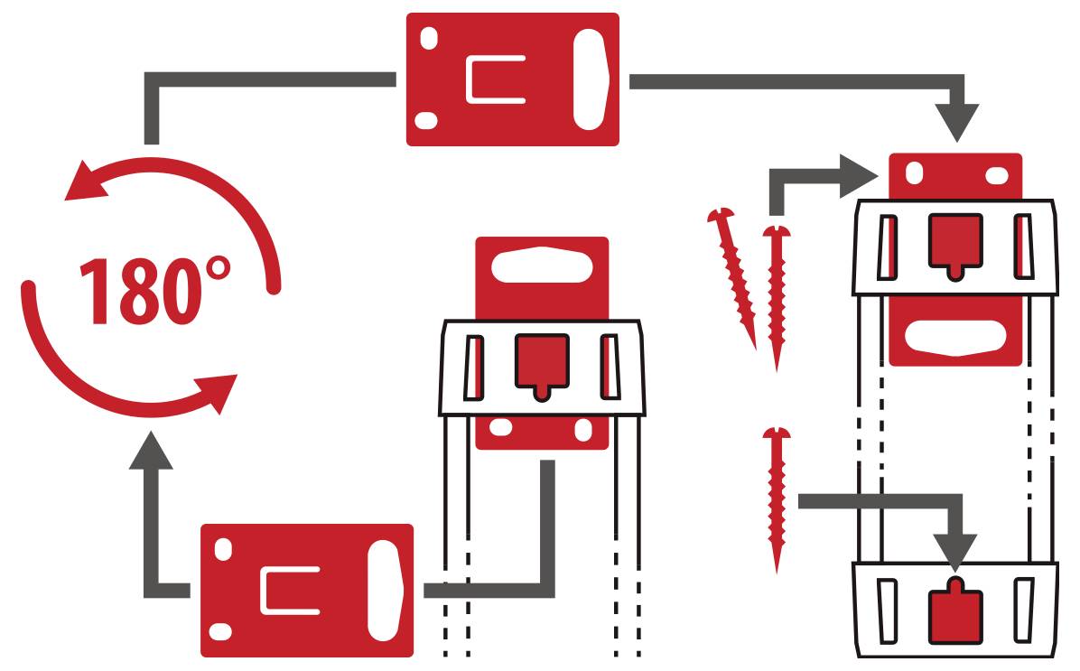180 fokos elforgatást ábrázoló diagram egy piros zár/zsanér mechanizmusról, nyilakkal jelezve az alkatrészek egyik oldalról a másik oldalra történő átpozicionálását.