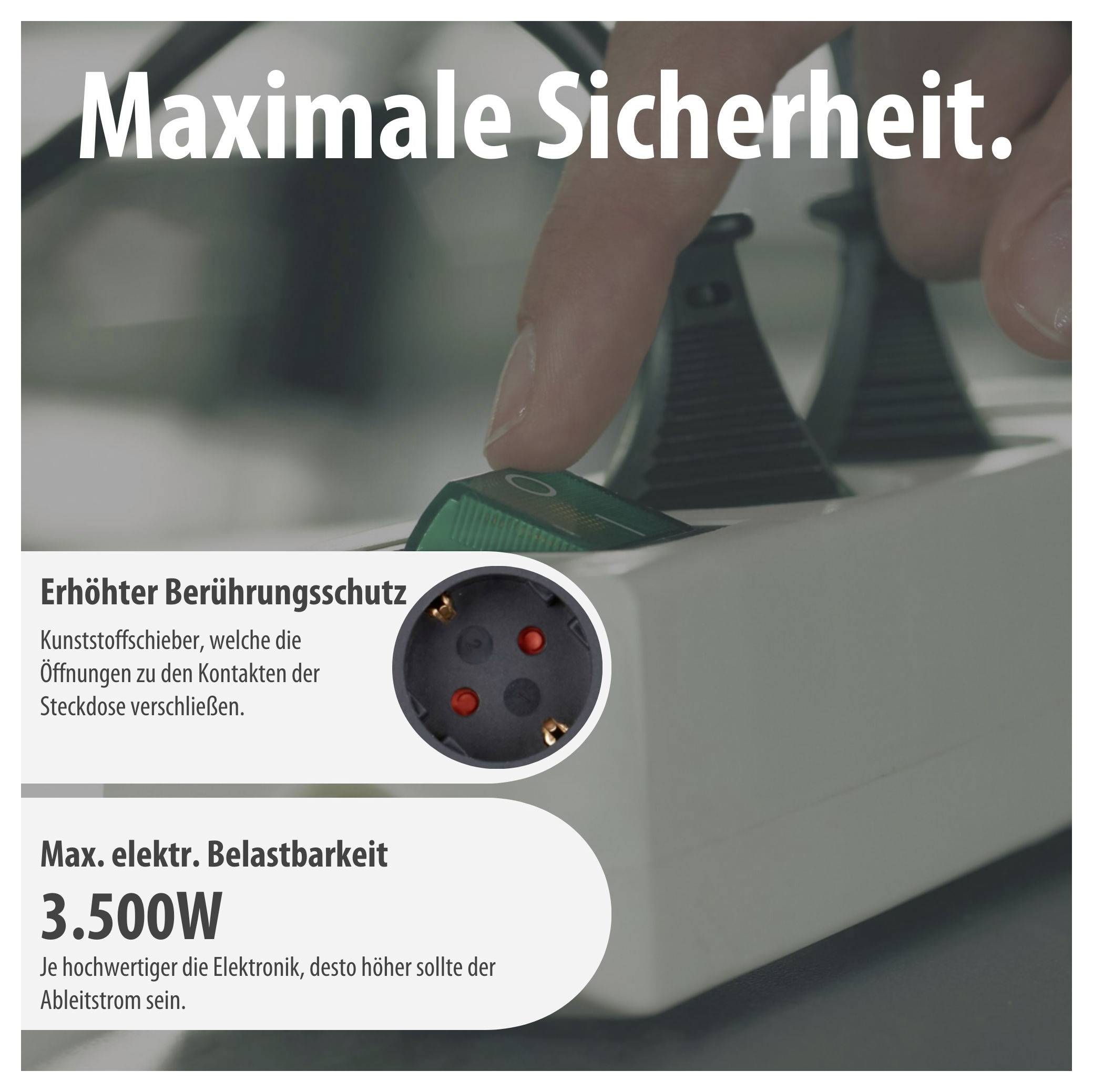 Elosztósáv hirdetése: Ujj egy zöld kapcsolót kapcsol be, a szöveg „Maximális biztonság" nevet ad meg, fokozott érintésvédelmet és 3.500W terhelhetőséget.