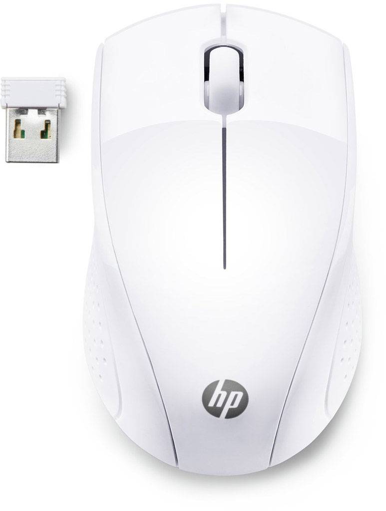 Fehér, vezeték nélküli egér USB-vevőegységgel. Ovális dizájn szürke gördítőkerékkel és HP-logóval elöl. Laptopokhoz és számítógépekhez alkalmas.