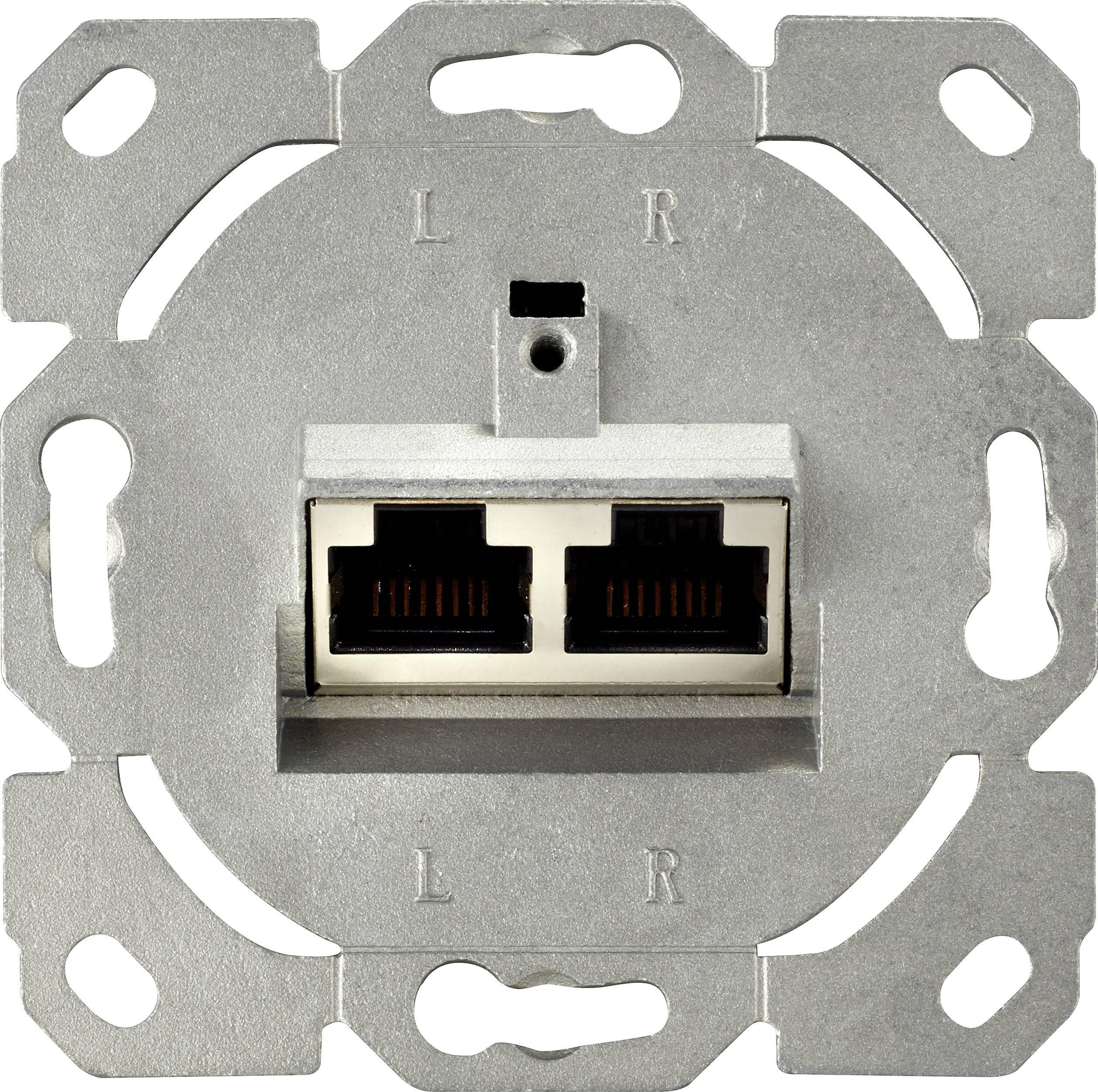 Két RJ45 hálózati csatlakozó egy fémtartóban, fali aljzatba történő szerelésre alkalmas, 'L' és 'R' jelöléssel ellátva.