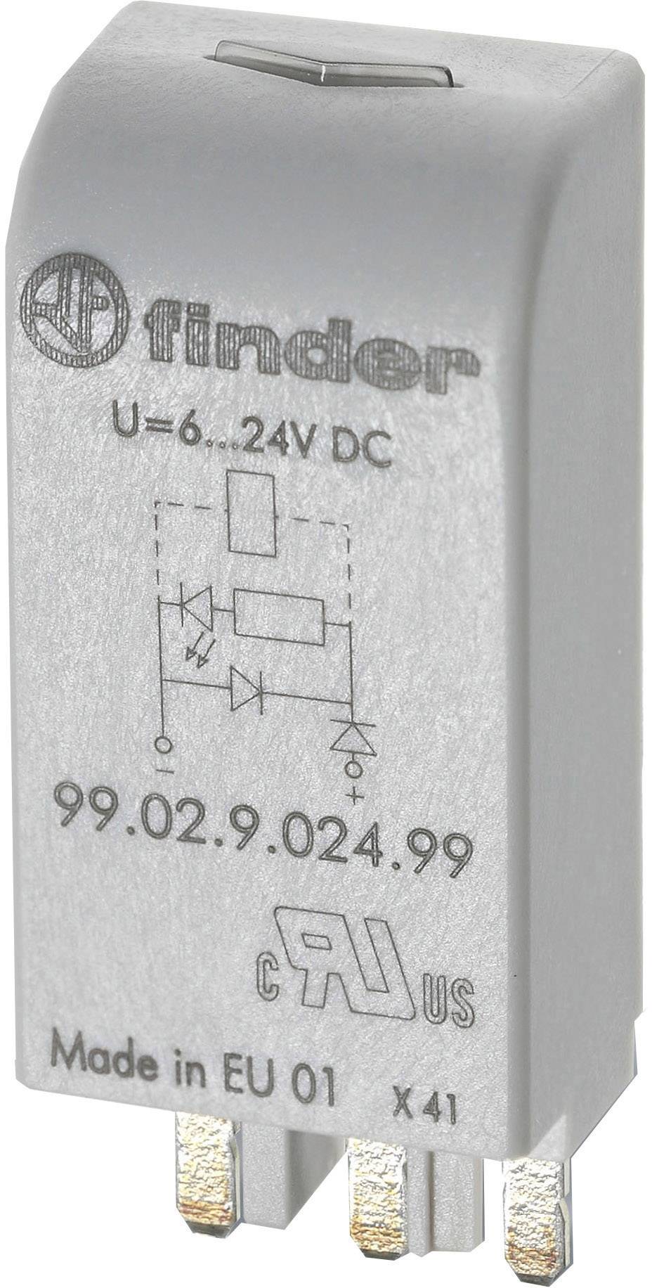 Ezüst burkolatú relé modul, 'U=6...24V DC' felirattal és kapcsolási rajzzal. A 'Finder' márkalogó felül látható.