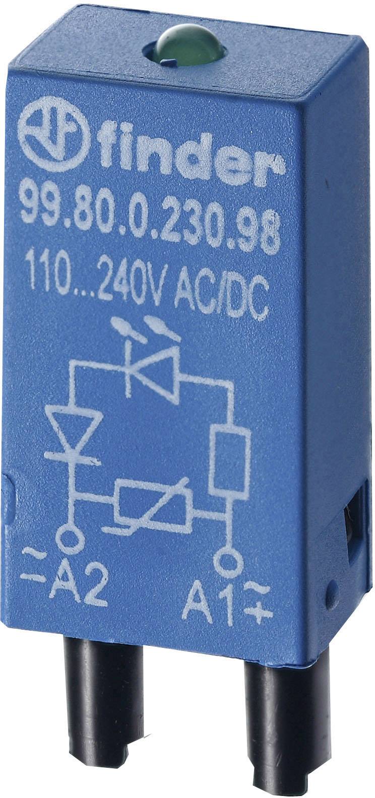 Kék Finder relé modul a '99.80.0.230.98' modellszámmal, 110-240V AC/DC feszültségtartomány, műszaki rajzzal és A1, A2 csatlakozásokkal.