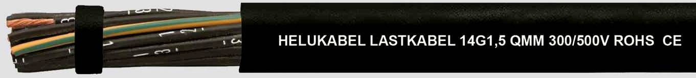 Fekete kábel, amelyen a 'HELUKABEL Teherkábel 1(5) G 5.0 mm² 300/500V RoHS CE' felirat olvasható, különböző belső vezetékeket mutat.
