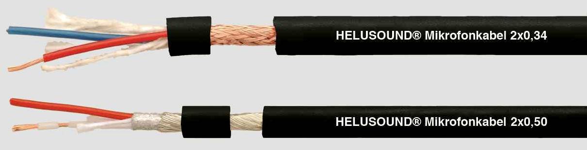 Két textil borítású mikrofonkábel, az egyik „HELUSOUND® Mikrofonkábel 2x0,34" felirattal, a másik „2x0,50" felirattal.