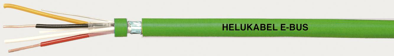 Zöld kábel 'HELUKABEL E-BUS' felirattal, szabadon álló színes vezetékekkel a végén, buszrendszerű kábelezéshez alkalmas.