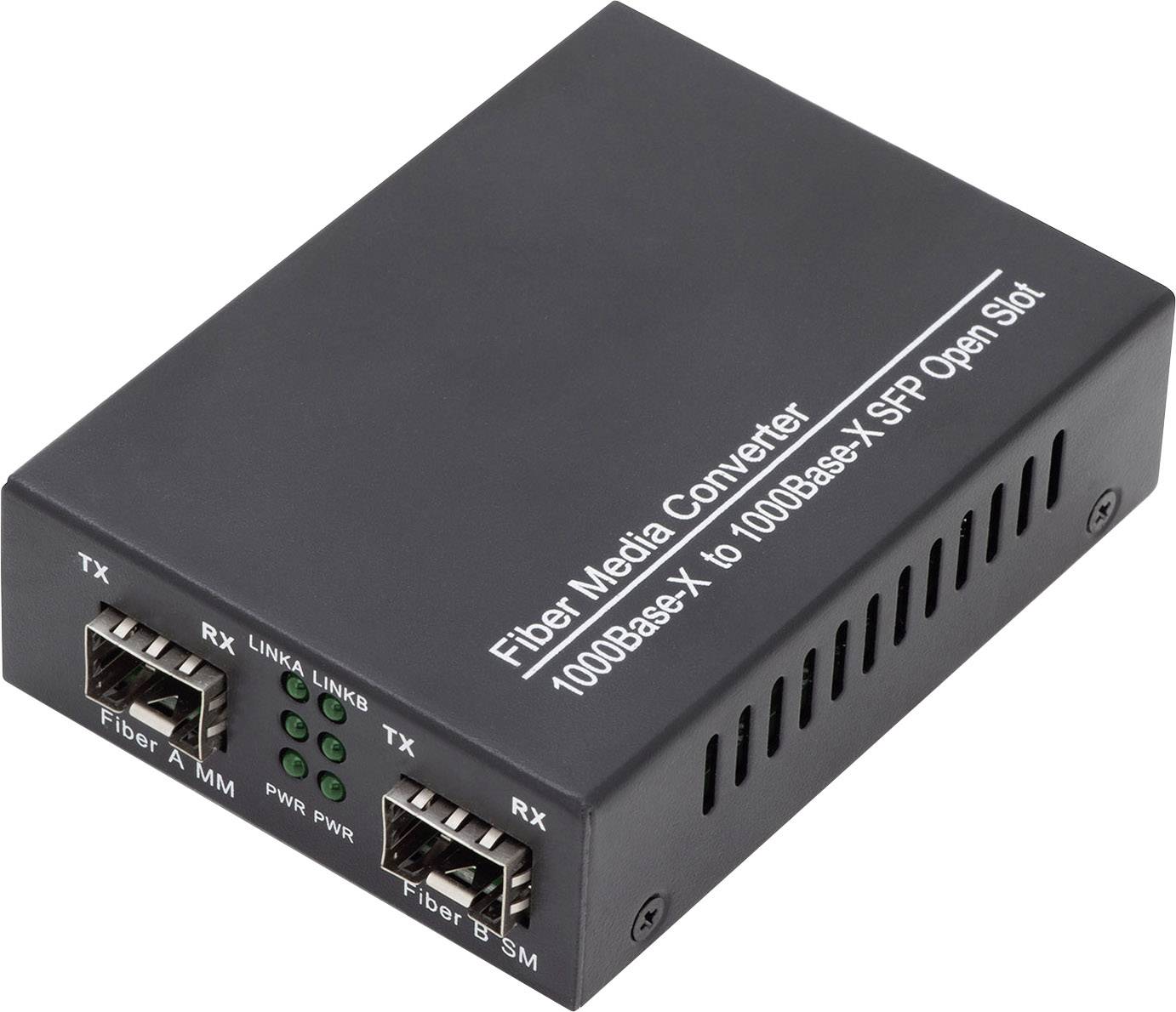 Egy fekete optikai médiakonverter két SFP-porttal, a felirata: 'Fiber Media Converter 1000base-X to 1000base-X SFP üres foglalat'.