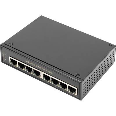 Egy nyolc csatlakozóval rendelkező fekete ipari Ethernet-switch, amely ipari környezetben használatos hálózati alkalmazásokhoz alkalmas.