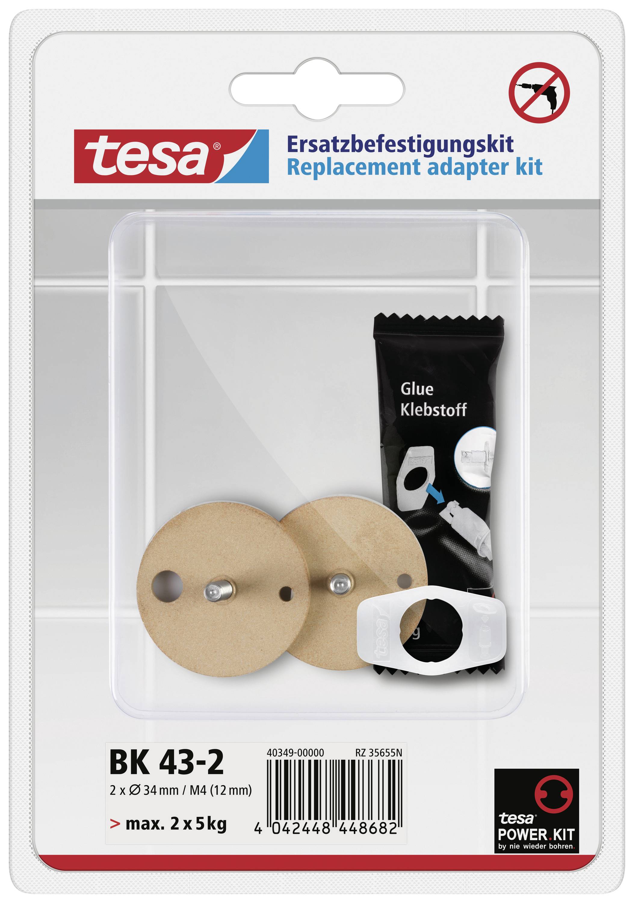 Tesa pótszerelő készlet: Két kerek alkatrészt, ragasztóanyagot és egy fehér rögzítőelemet tartalmaz. Max. teherbírás 2x5 kg.