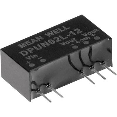A 'MEAN WELL DPUN02L-12' egy elektronikus feszültségátalakító. Mutatja a Vin, Vout és Com csatlakozókat a '+' és '-' szimbólumokkal.