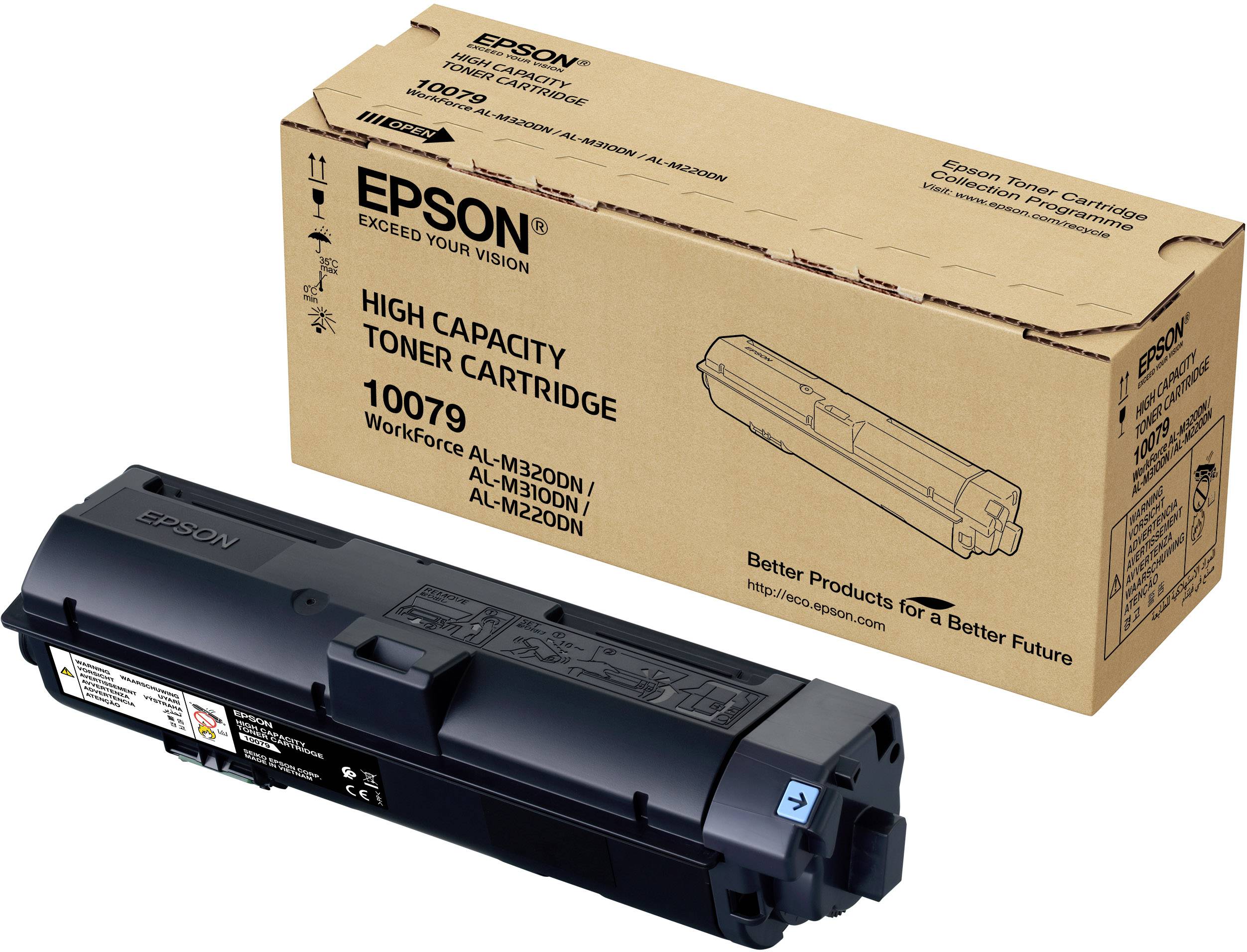 'Epson toner patron 10079, nagy kapacitású a Workforce AL-M320DN és AL-M300DN nyomtatókhoz, fekete csomagolásban, termékinformációkkal.'