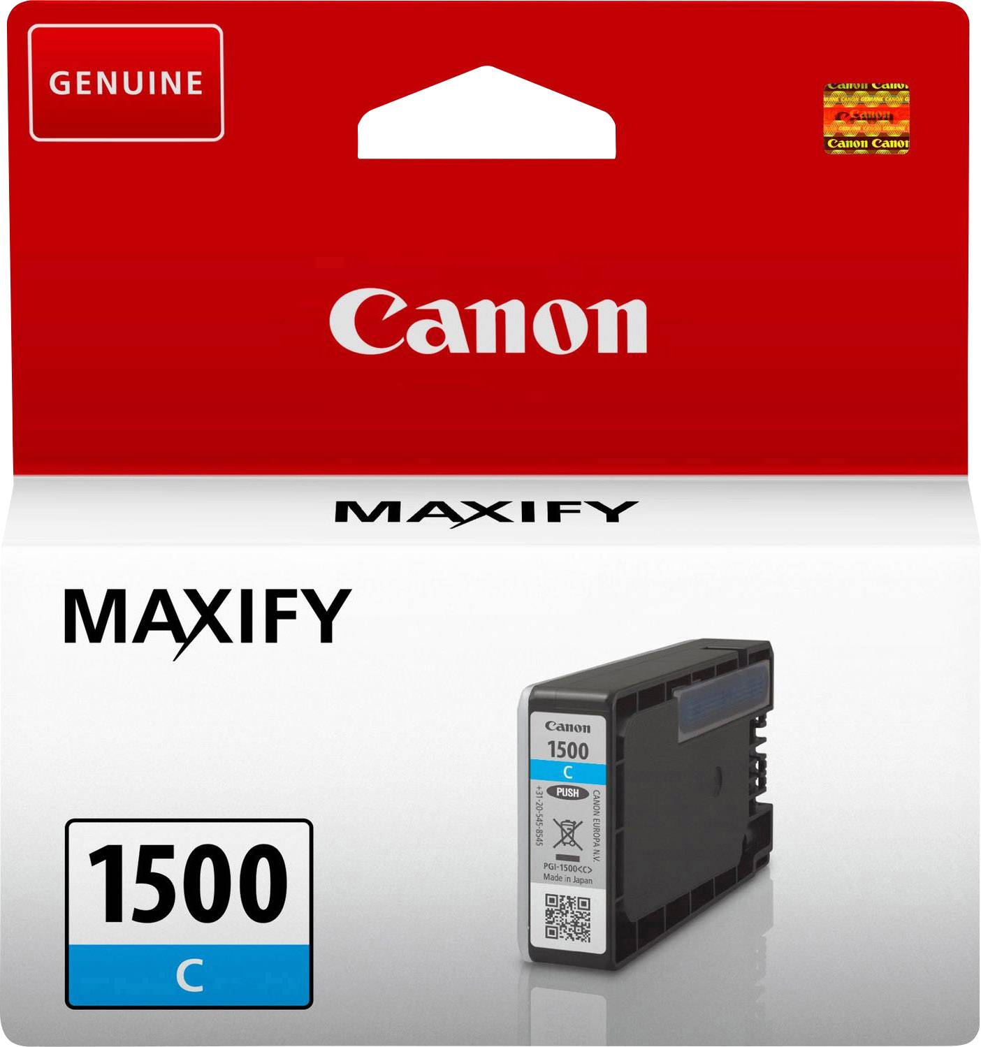 'Canon MAXIFY 1500C' eredeti tintapatron doboza fehér háttér előtt, amely a tintapatront kék színű hangsúlyokkal mutatja.