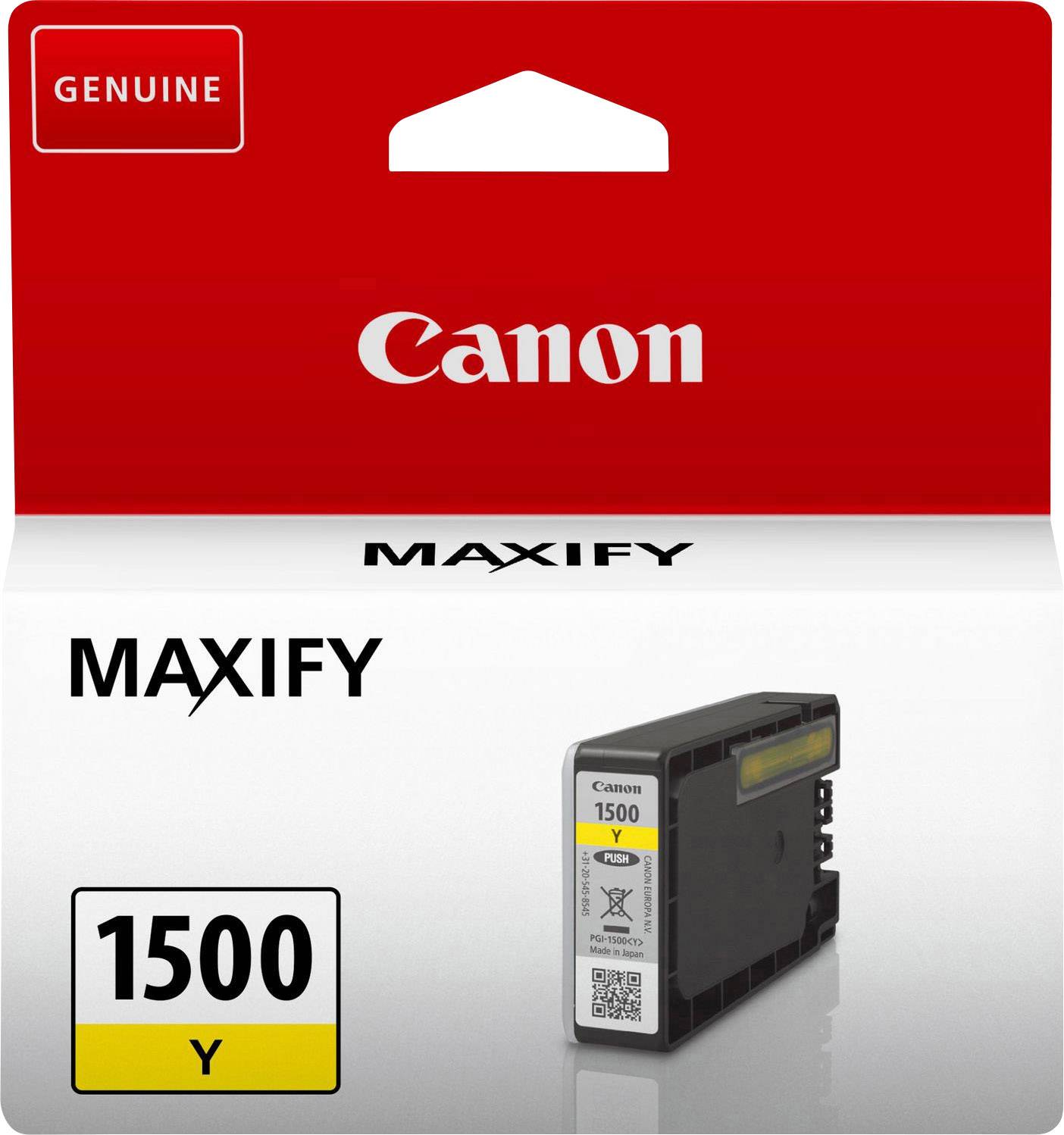 'Canon MAXIFY 1500 Y tintapatron, sárga, csomagolásban ábrázolva. Alkalmas Canon nyomtatókhoz, hitelesített márkájú.'