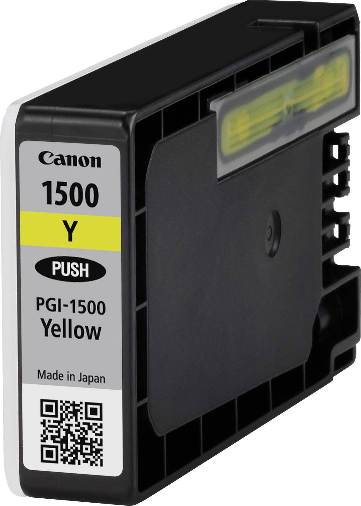 Canon 1500 Y tintapatron, PGI-1500 Yellow modell. Sárga tintát tartalmaz. 'Made in Japan' felirattal, QR-kóddal ellátva.