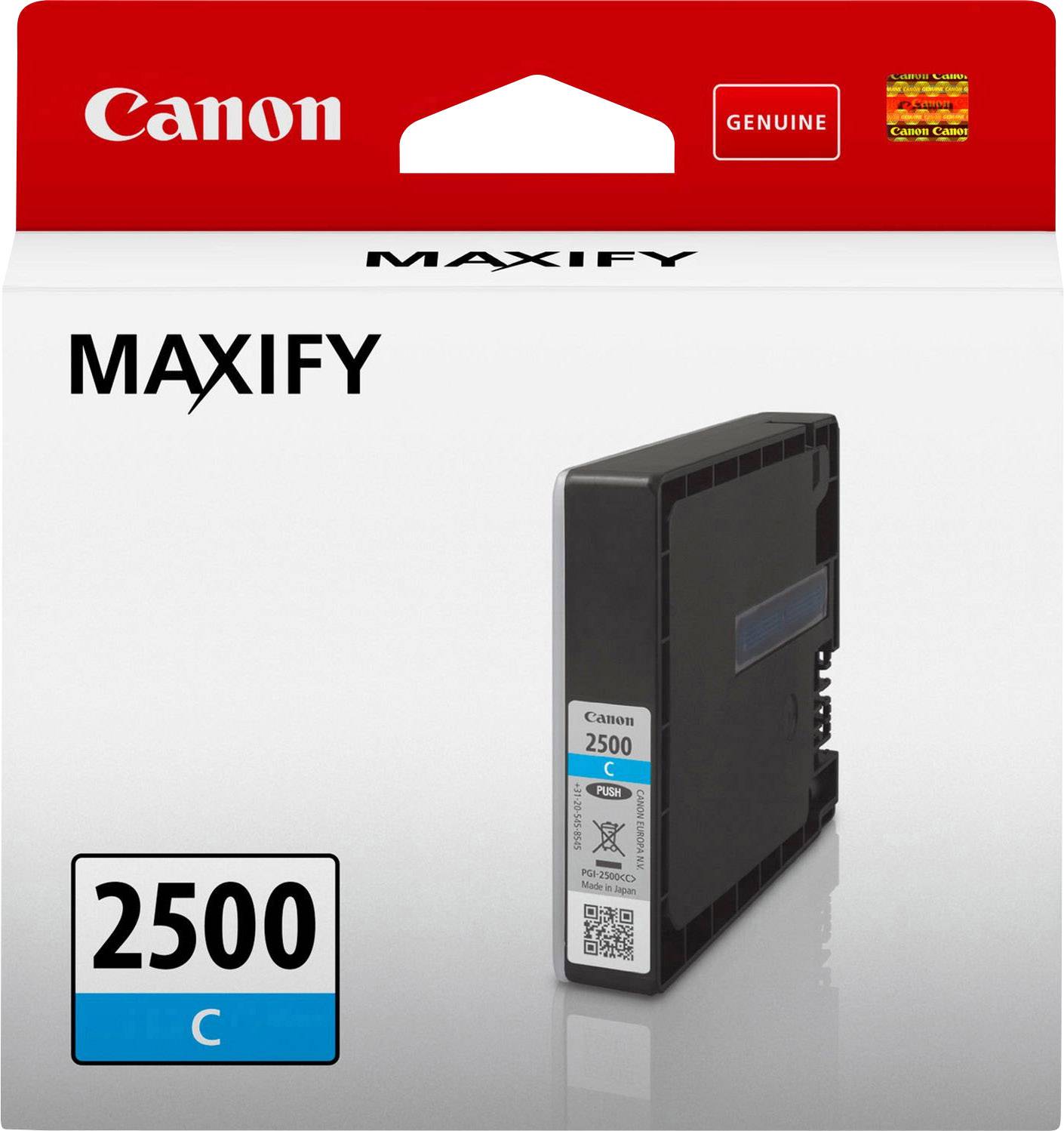 Canon Maxify tintapatron, 2500 C modell, ciánkék színben. A csomag túlnyomórészt piros, rajta a 'Genuine' és a 'MAXIFY' felirattal.