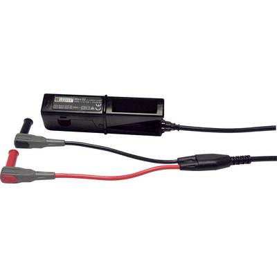 Egy fekete elektromos eszköz két kábellel, amelyek vörös és szürke csatlakozókban végződnek. Úgy tűnik, elektronikai mérésekhez használják.