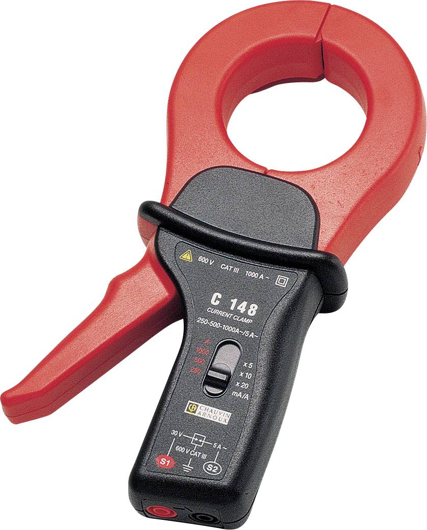 Egy piros árammérő fogó-ampermérő fekete fogantyúkkal, amely alkalmas 1000 A-ig történő mérésekre, különböző mérési skálajelzéseket mutat.
